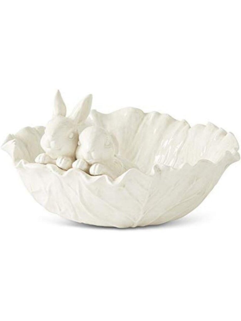 Antiqued White Dolomite Cabbage Bowl with Rabbits - 12 Inch Decorative